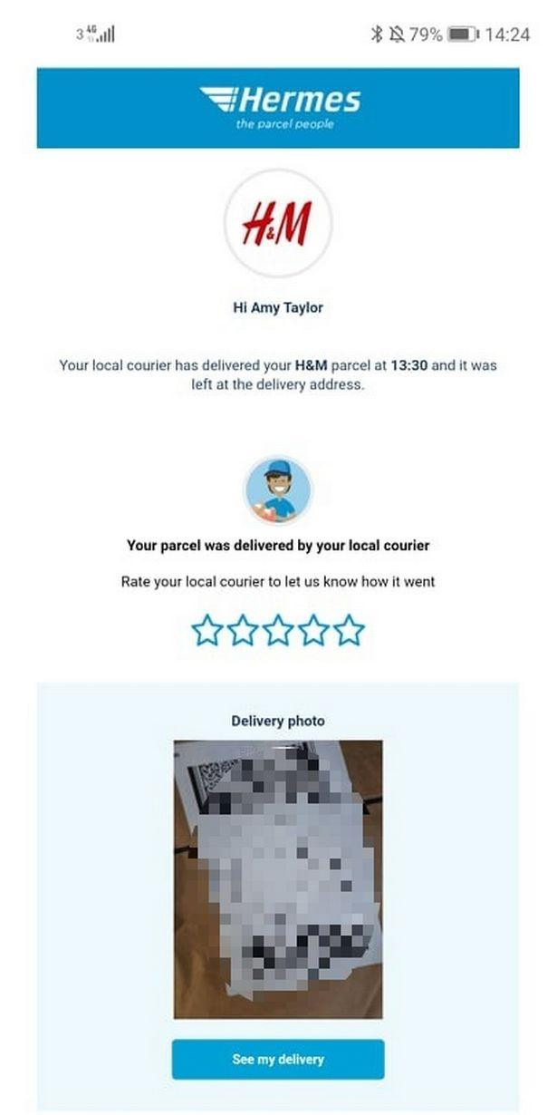 Dù bưu phẩm của cô bị vứt đi, nhưng Amy Taylor lại nhận được thông báo trên ứng dụng là hàng đã được giao. Ảnh: Amy Taylor. Dù bưu phẩm của cô bị vứt đi, nhưng Amy Taylor lại nhận được thông báo trên ứng dụng là hàng đã được giao. Ảnh: Amy Taylor.