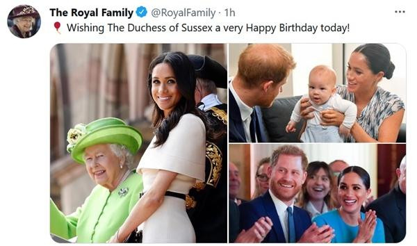 Nữ hoàng Anh chúc mừng sinh nhật Meghan. (Ảnh chụp màn hình). Nữ hoàng Anh chúc mừng sinh nhật Meghan. (Ảnh chụp màn hình).