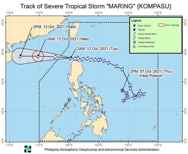 Dự báo về đường đi của bão Kompasu do PAGASA đưa ra. Ảnh: PAGASA. Dự báo về đường đi của bão Kompasu do PAGASA đưa ra. Ảnh: PAGASA.
