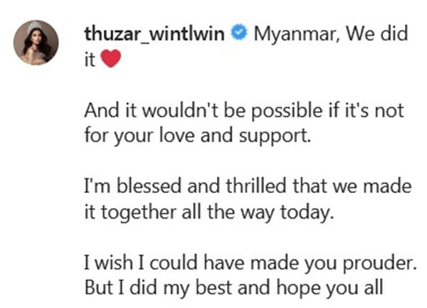 Thuzar Wint Lwin: "Myanmar ơi, chúng ta đã làm được rồi". Ảnh: Instagram. Thuzar Wint Lwin: "Myanmar ơi, chúng ta đã làm được rồi". Ảnh: Instagram.