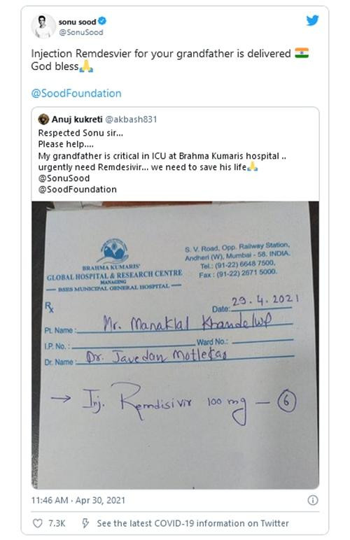 Diễn viên Sonu Sood trực tiếp trả lời một người xin thuốc cho ông của mình rằng thuốc đã được gửi đến rồi. (Ảnh chụp màn hình).