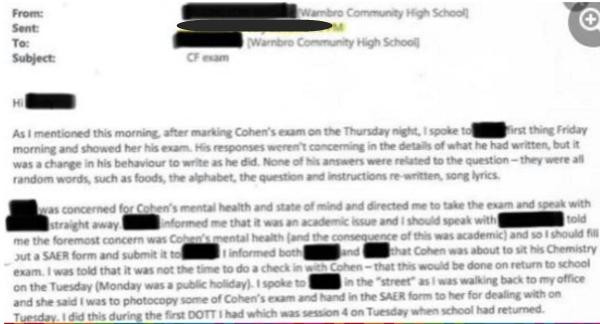 Một email của giáo viên nhận xét rằng bài thi của Cohen là đáng lo ngại. Ảnh: News. Một email của giáo viên nhận xét rằng bài thi của Cohen là đáng lo ngại. Ảnh: News.
