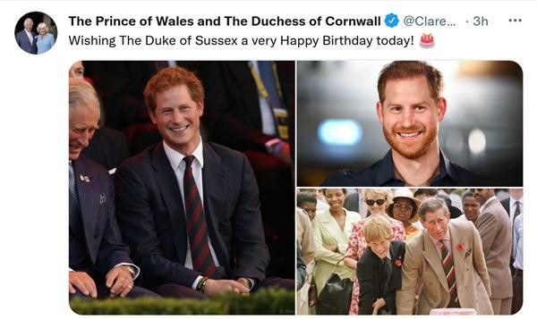 Tài khoản của Thái tử Charles và bà Camilla đăng lời chúc mừng Harry. (Ảnh chụp màn hình).