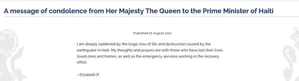 Lời chia buồn của Nữ hoàng Anh gửi đến Haiti. (Ảnh chụp màn hình). Lời chia buồn của Nữ hoàng Anh gửi đến Haiti. (Ảnh chụp màn hình).