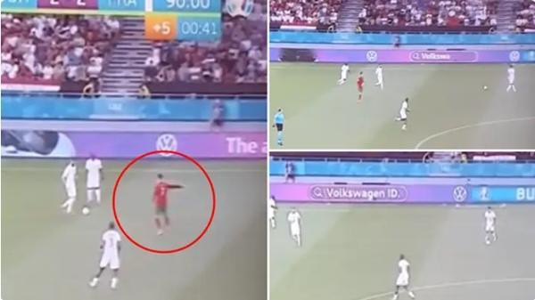 Không hiểu có nhầm đội hay không mà Ronaldo lại chỉ hướng chuyền bóng cho cầu thủ đội Pháp. Ảnh: SB. Không hiểu có nhầm đội hay không mà Ronaldo lại chỉ hướng chuyền bóng cho cầu thủ đội Pháp. Ảnh: SB.