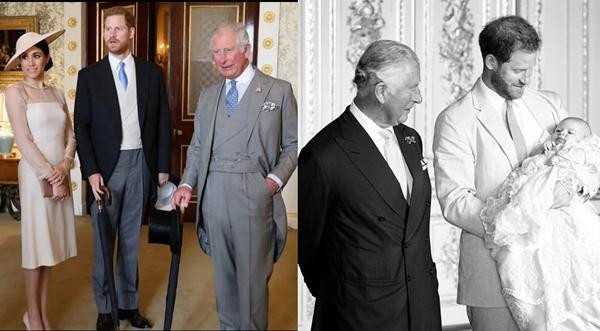 Thái tử Charles với vợ chồng Harry - Meghan lúc họ còn ở Hoàng gia, và bức ảnh ông chọn đăng mà không có Meghan vào vài ngày trước. Ảnh: Getty Images; Clarence House.