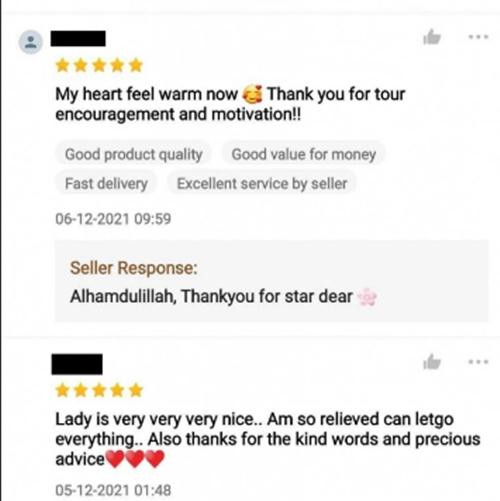 Những đánh giá khen ngợi chủ shop. Ảnh: Shopee Malaysia.