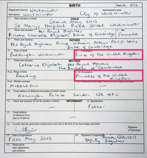 Giấy khai sinh của Charlotte, con gái của William - Kate. Ảnh: Twitter.