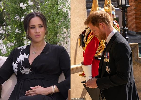 Do đang mang bầu nên Meghan ở nhà, còn Harry một mình quay về Anh dự tang lễ ông nội. Ảnh: CBS; Getty Images. Do đang mang bầu nên Meghan ở nhà, còn Harry một mình quay về Anh dự tang lễ ông nội. Ảnh: CBS; Getty Images.