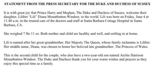 Harry - Meghan thông báo rằng con gái đã chào đời. Ảnh: Archewell.