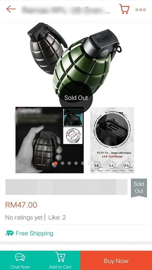 Cục sạc di động hình lựu đạn từng được bán trên Shopee Malaysia. Ảnh: Shopee Malaysia.