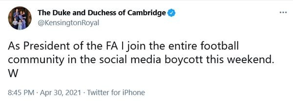 Dòng tweet thông báo tạm ngừng dùng mạng xã hội của Hoàng tử William được nhiều người ủng hộ. (Ảnh chụp màn hình). Dòng tweet thông báo tạm ngừng dùng mạng xã hội của Hoàng tử William được nhiều người ủng hộ. (Ảnh chụp màn hình).