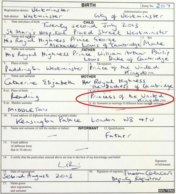 Giấy khai sinh của George, con trai cả của William - Kate. Ảnh: Reuters.