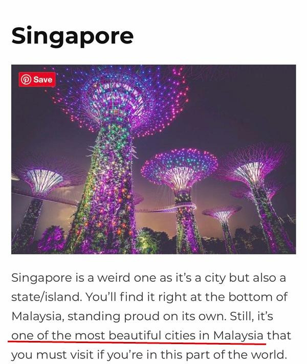 Một phần bài viết gốc của blogger du lịch, nói rằng Singapore là một thành phố ở Malaysia. Ảnh: Reddit.