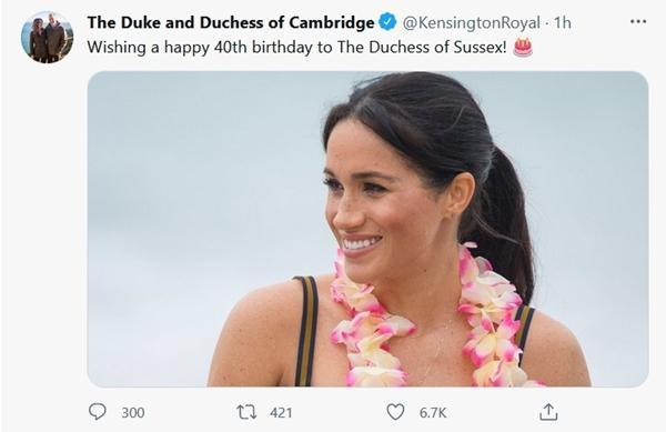 Vợ chồng William - Kate chúc mừng sinh nhật Meghan. (Ảnh chụp màn hình). Vợ chồng William - Kate chúc mừng sinh nhật Meghan. (Ảnh chụp màn hình).
