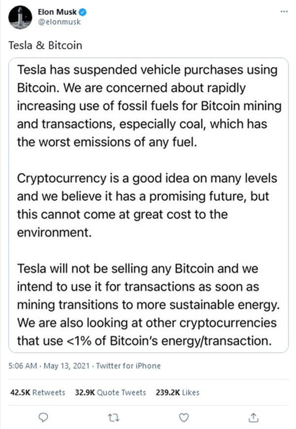 Bài đăng của Elon Musk về việc Tesla ngừng nhận Bitcoin từ khách mua xe ô tô. (Ảnh chụp màn hình).