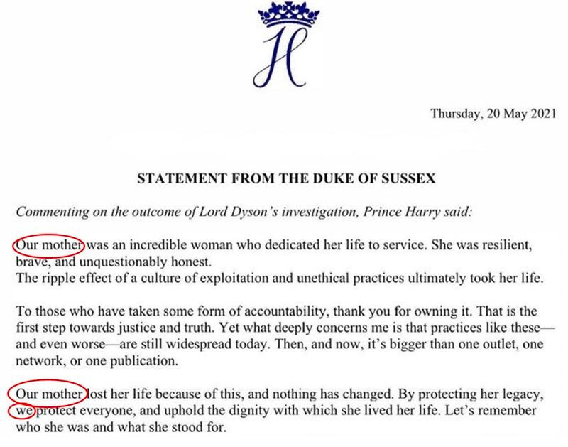 Văn bản phản hồi của Harry lại dùng từ "mẹ chúng tôi" và "chúng tôi". Ảnh: Twitter. Văn bản phản hồi của Harry lại dùng từ "mẹ chúng tôi" và "chúng tôi". Ảnh: Twitter.