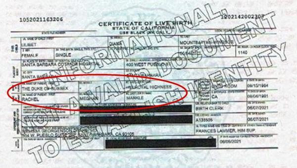 Giấy khai sinh của em bé Lilibet. Ảnh: TMZ. Giấy khai sinh của em bé Lilibet. Ảnh: TMZ.