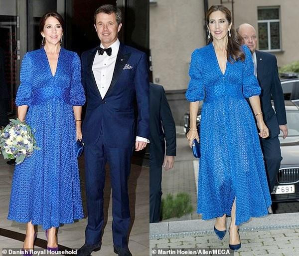 Công nương Mary mặc chiếc váy xanh năm 2017 (trái) và 2021 (phải). Ảnh: Danish Royal Household; Martin Hoeien/ Aller/ MEGA.