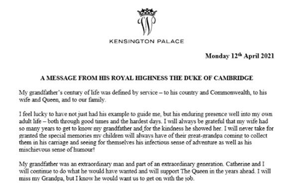 Lời tưởng nhớ của William. Ảnh: Twitter.