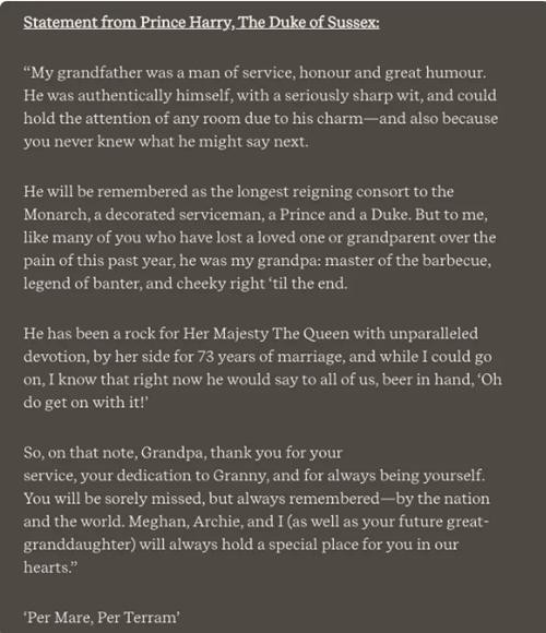Lời tưởng nhớ của Harry. Ảnh: Archewell.