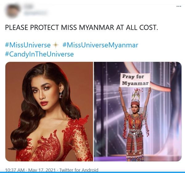 Nhiều cư dân mạng đang viết và chia sẻ dòng chữ: "Hãy bảo vệ Hoa hậu Myanmar". (Ảnh chụp màn hình).