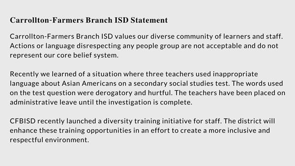 Học khu thừa nhận rằng 3 giáo viên đã dùng ngôn ngữ không phù hợp về người Mỹ gốc Á trong bài kiểm tra. Ảnh: CFBISD.
