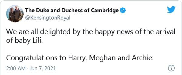 Lời chúc mừng từ vợ chồng William - Kate, không đăng kèm ảnh. Ảnh: Twitter. Lời chúc mừng từ vợ chồng William - Kate, không đăng kèm ảnh. Ảnh: Twitter.