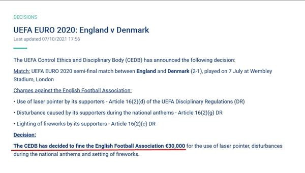 Thông báo phạt của UEFA. (Ảnh chụp màn hình). Thông báo phạt của UEFA. (Ảnh chụp màn hình).