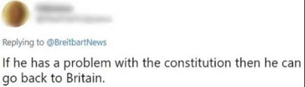 Một cư dân mạng ở Mỹ viết: "Nếu anh ta thấy có vấn đề với Hiến pháp (Mỹ) thì anh ta có thể quay về nước Anh". Ảnh: Twitter.