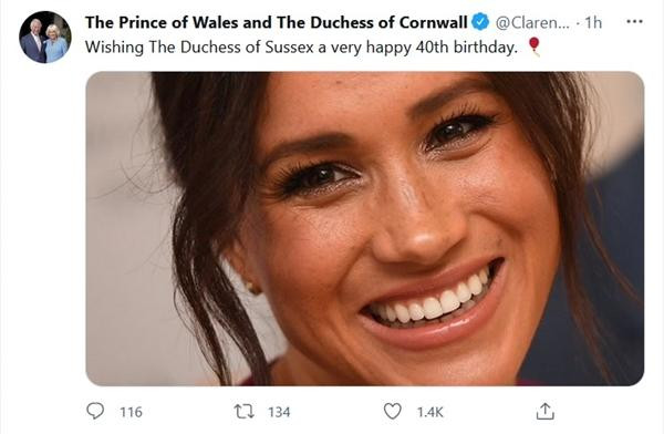 Vợ chồng Thái tử Charles - Camilla chúc mừng sinh nhật Meghan. (Ảnh chụp màn hình). Vợ chồng Thái tử Charles - Camilla chúc mừng sinh nhật Meghan. (Ảnh chụp màn hình).