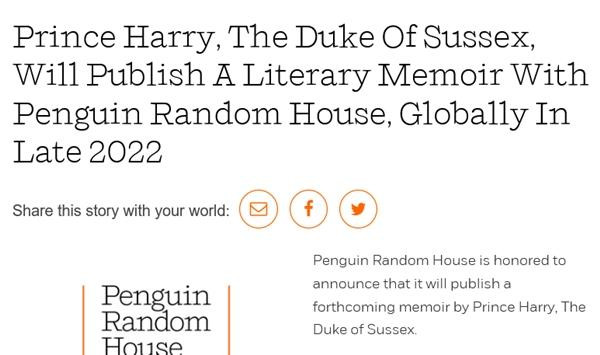 Thông báo chính thức của nhà xuất bản về việc Harry sẽ phát hành hồi ký. (Ảnh chụp màn hình). Thông báo chính thức của nhà xuất bản về việc Harry sẽ phát hành hồi ký. (Ảnh chụp màn hình).