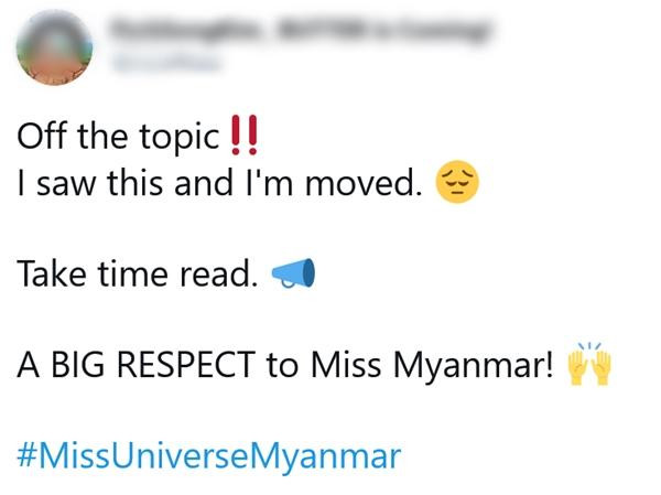 Một cư dân mạng người Hàn Quốc viết: "Sự tôn trọng lớn lao dành cho Hoa hậu Myanmar".