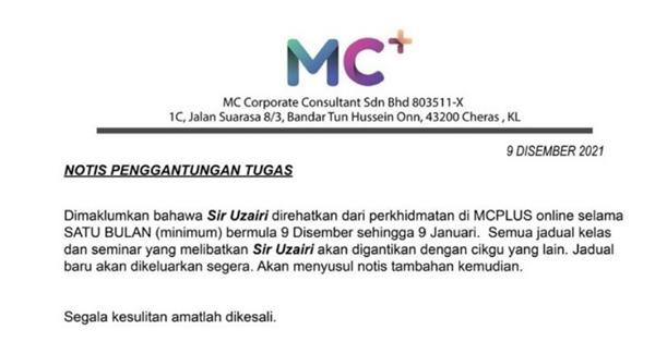 Phía trung tâm thông báo thầy Taib sẽ nghỉ dạy ít nhất một tháng để họ còn điều tra. Ảnh: Instagram.