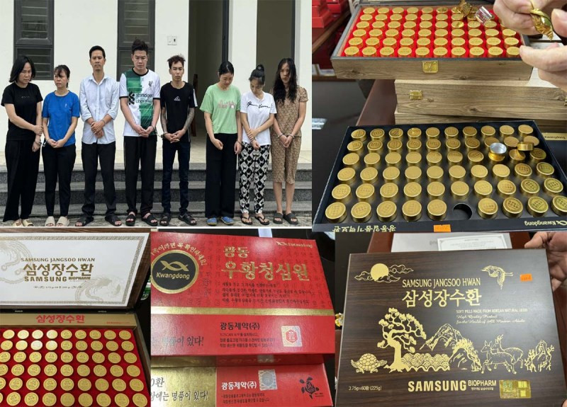 Nguyễn Thị Thịnh (ngoài cùng bên trái) cùng các đối tượng trong đường dây sản xuất, buôn bán hàng giả là thực phẩm chức năng và tang vật thu giữ. Ảnh: Công an Thanh Hoá