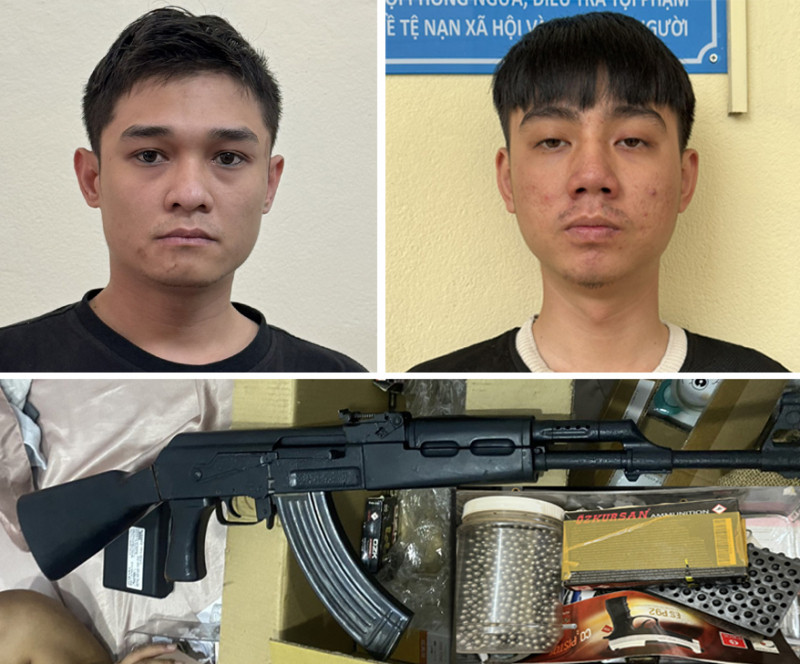 Hai đối tượng bị bắt và tang vật vụ án.