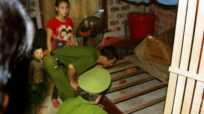 Công an huyện Bố Trạch đang điều tra hiện trường nơi kẻ cướp dùng dao khống chế chị Nga, cướp đi một khúc gỗ sưa - Ảnh: Nguyên Linh (Tuổi Trẻ)