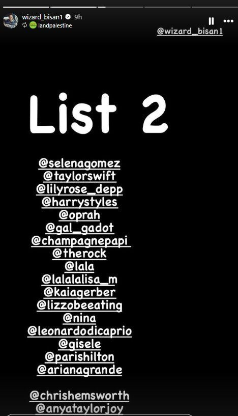 Bisan Owda kêu gọi chặn tài khoản của nhiều ngôi sao giải trí, bao gồm BlackPink và BTS.