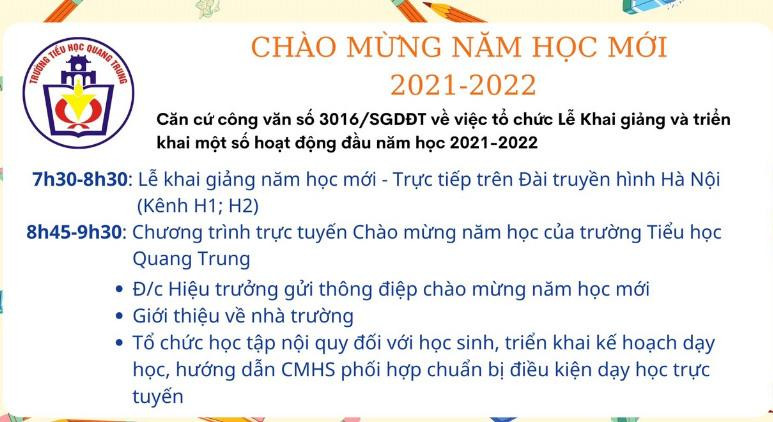 Kế hoạch khai giảng năm học mới của Trường Tiểu học Quang Trung, Quận Hoàn Kiếm, Hà Nội Kế hoạch khai giảng năm học mới của Trường Tiểu học Quang Trung, Quận Hoàn Kiếm, Hà Nội