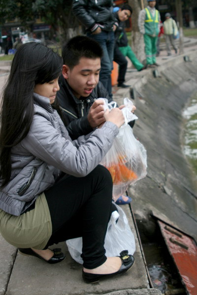 Nhiều bạn trẻ mang cá đi phóng sinh