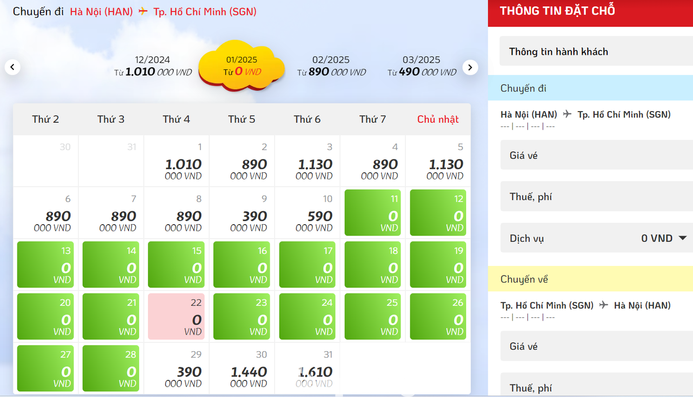 Giá vé máy bay chặng Hà Nội - TPHCM ngày 22/1 dao động ở mức khá thấp, thậm chí ở mức 0 đồng nếu chưa tính thuế, phí. Ảnh: Lộc Liên. Giá vé máy bay chặng Hà Nội - TPHCM ngày 22/1 dao động ở mức khá thấp, thậm chí ở mức 0 đồng nếu chưa tính thuế, phí. Ảnh: Lộc Liên.