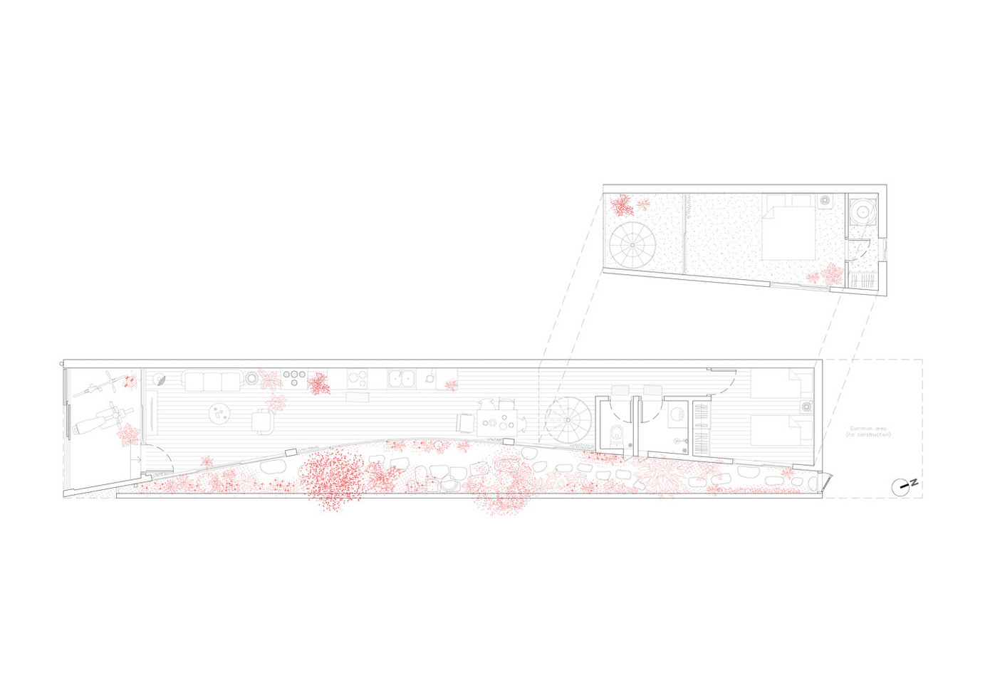 Ngôi nhà này nằm trên một lô đất chia nhỏ điển hình, có chiều rộng 4,2 mét và chiều sâu 23 mét, nhóm kiến trúc sư đã giải quyết các vấn đề về thông gió bằng cách tạo ra một khoảng hở thông gió dọc theo bên hông ngôi nhà.