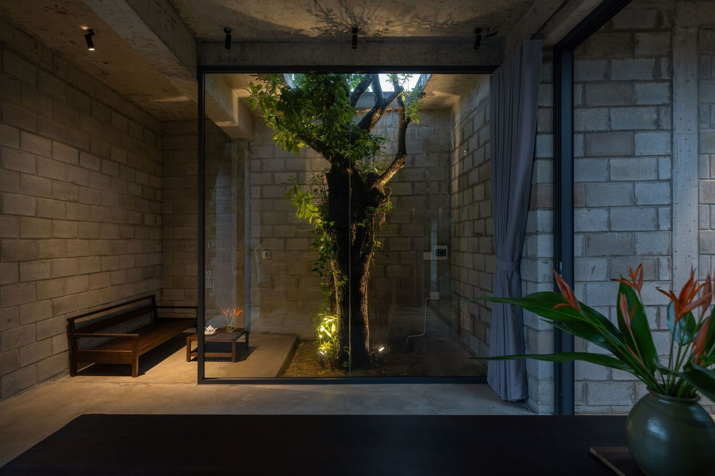 Cốt lõi của thiết kế xoay quanh một cây lớn, được bảo tồn cẩn thận như là điểm nhấn của ngôi nhà. Thay vì bị loại bỏ, cây lớn được tích hợp vào không gian sống, tạo ra sự kết nối chặt chẽ giữa kiến trúc và thiên nhiên.