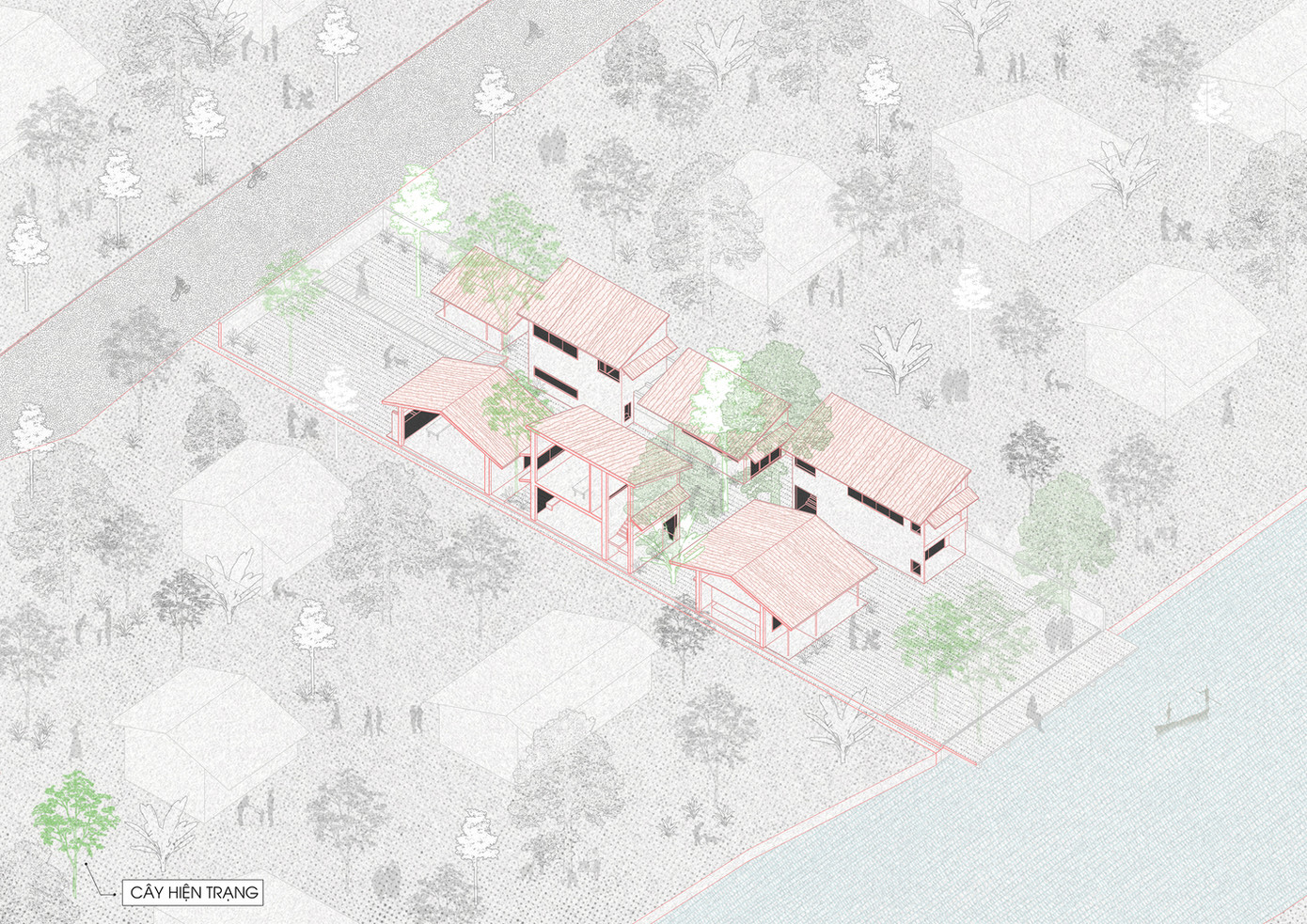 Công trình bao gồm bảy khối nhà riêng biệt, mỗi khối cao từ một đến hai tầng. Bố cục tổng thể đan xen giữa nhà với vườn.