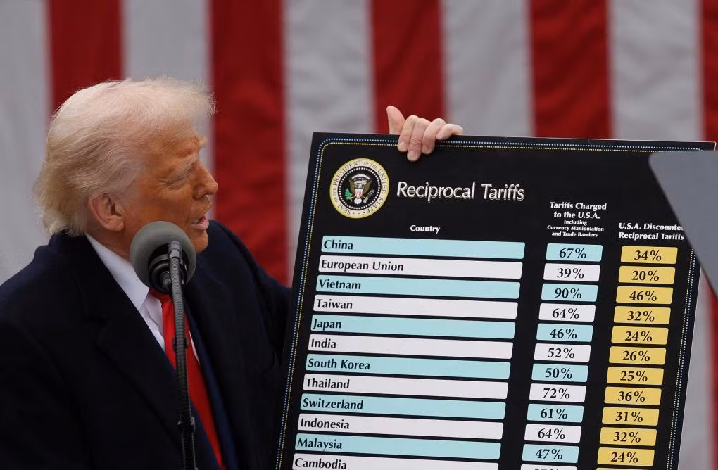 Tổng thống Donald Trump cầm tấm bảng về mức thuế áp với các nước. Ảnh: Reuters.