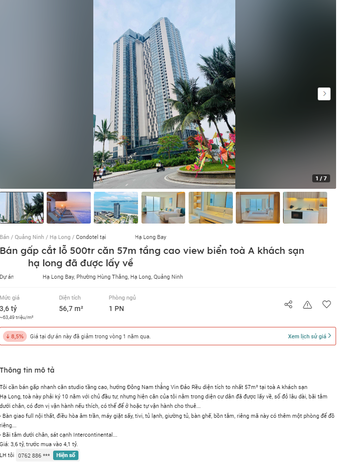 Thông tin rao bán cắt lỗ 500 triệu đồng căn hộ khách sạn tại dự án ở Hạ Long (Quảng Ninh). Ảnh chụp màn hình. Thông tin rao bán cắt lỗ 500 triệu đồng căn hộ khách sạn tại dự án ở Hạ Long (Quảng Ninh). Ảnh chụp màn hình.