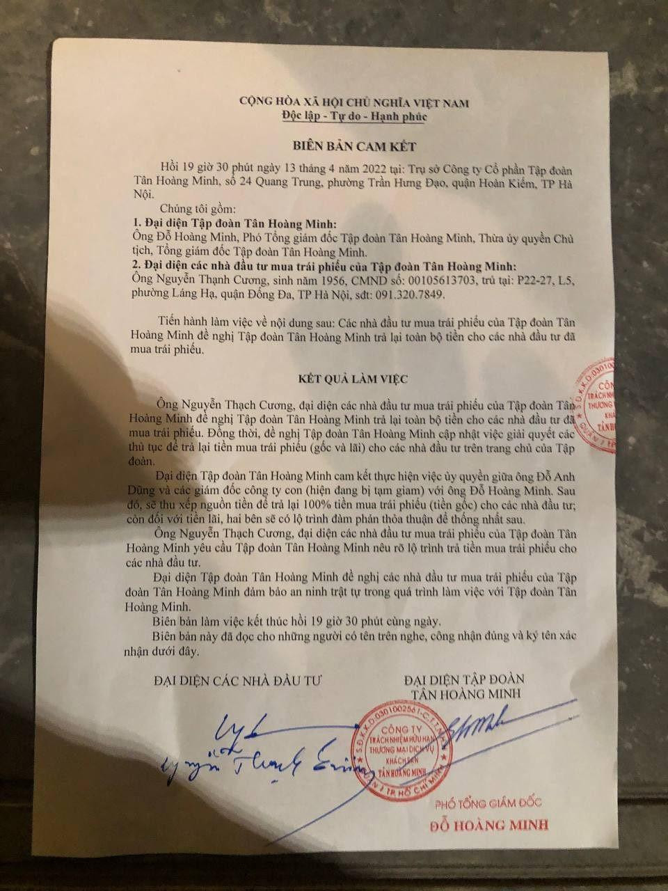 Văn bản cam kết của Tân Hoàng Minh với nhà đầu tư. Văn bản cam kết của Tân Hoàng Minh với nhà đầu tư.