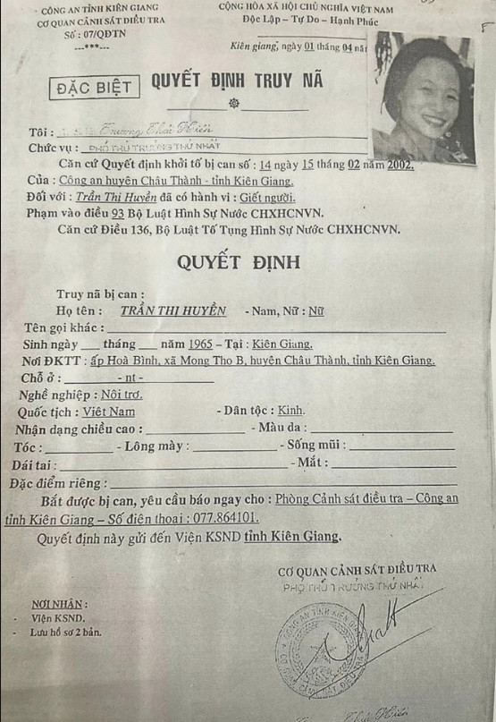 Công an tỉnh Kiên Giang phát lệnh truy nã đối với Huyền