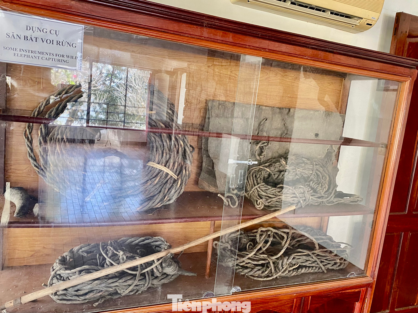 Dụng cụ săn bắt voi rừng được trưng bày tại phòng sinh hoạt chung.