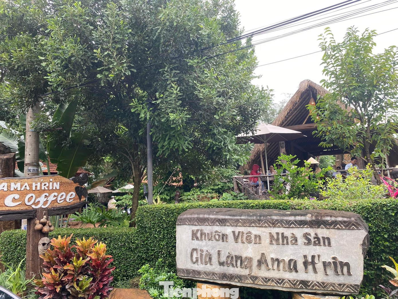 Khách du lịch tham quan khuôn viên nhà sàn Già làng Ama H'rin